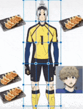 a soccer player with the number 1 on his jersey is surrounded by dumplings