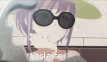 a picture of a girl wearing sunglasses and a hat with the word claire on the bottom