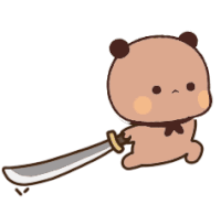 a cartoon panda bear is holding a long sword in its hand .