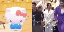 a hello kitty and a man in a purple suit are standing next to each other