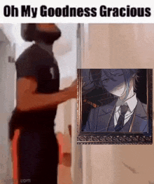 a man is holding a picture of a man in a suit and tie