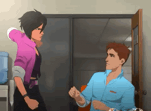 a man and a woman are fighting in a room