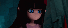 a cartoon girl with blue eyes and black hair