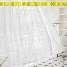 a white curtain with the words best sheer curtains for bedroom written above it