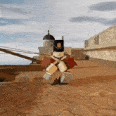 a toy soldier is walking on a stone floor in front of a castle