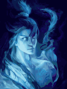 a painting of a man with long hair and a ponytail is titled ' ghost ' on the bottom