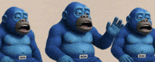 three blue gorillas with ron belts on their waists