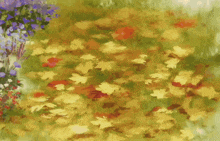 a girl with pink hair is standing in a field with flowers