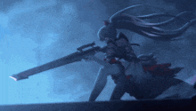 a girl with long hair is holding a sword