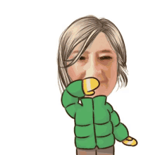 a cartoon of a woman wearing a green jacket and yellow gloves .