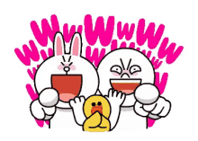 a couple of cartoon characters , a rabbit and a duck , are holding cups of coffee .