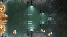 a statue of a buddha is reflected in the water with balloons