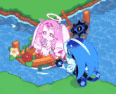 a cartoon drawing of a boat with a pink angel and a blue cookie