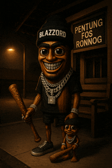 a cartoon character wearing a black beanie with the word blazzard on it
