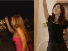 a woman in a pink top and a woman in a black shirt are dancing together