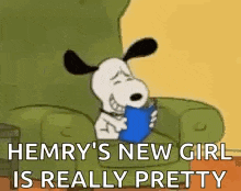 snoopy is sitting in a chair holding a book and saying `` hemry 's new girl is really pretty ''