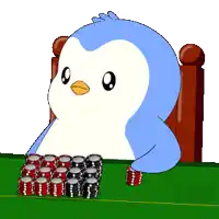 a penguin is sitting at a table with stacks of poker chips on it