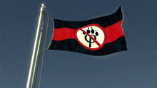 a black and red flag with a white circle with a paw print and the letter p on it