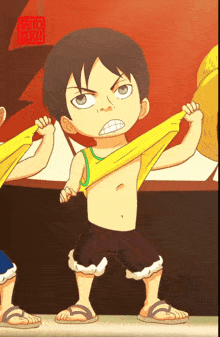 a cartoon of a boy taking off his shirt with a chinese symbol on the bottom right