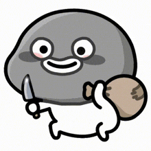 a cartoon character is holding a knife and a bag