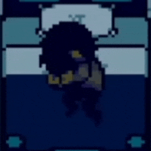 a pixel art drawing of a person with a helmet on their head .
