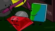 a group of cartoon characters including a book and a diamond
