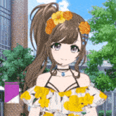 a girl with flowers in her hair wears a yellow and white dress