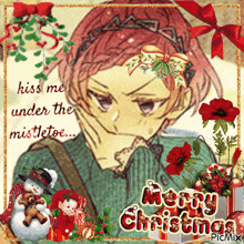 a christmas card with a girl under the mistletoe and the words merry christmas