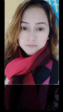 a woman wearing a red scarf and a black jacket looks at the camera
