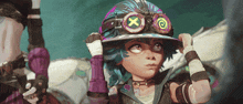 a cartoon character wearing a helmet and goggles with a x on them