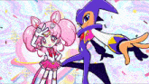 a cartoon drawing of a girl in a sailor suit and a purple cartoon character