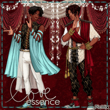 a couple of men standing next to each other with the words love essence on the bottom right
