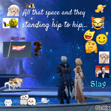 a picture of two people standing next to each other with the caption all that space and they standing hip to hip ..