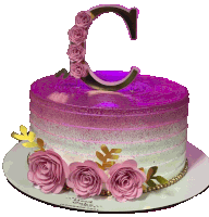 a purple and white cake with a letter c on top