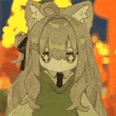 a drawing of a girl with cat ears and a green sweater