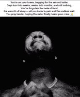 a black and white photo of a man praying with the words " you 're on your knees begging for the second trailer " at the top