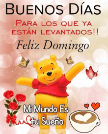 a poster with winnie the pooh and the words buenos dias para los que ya estan levantados feliz domingo