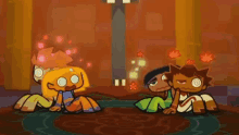 a group of cartoon characters are sitting on the floor with their eyes closed