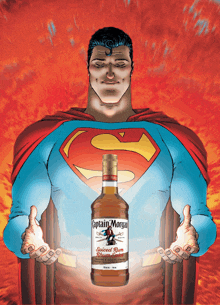 a bottle of captain morgan spiced rum is in front of superman
