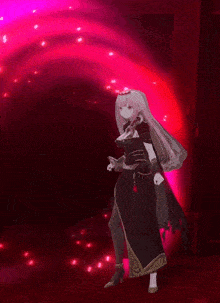 a girl in a black dress is standing in front of a pink light