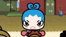 a cartoon character with blue hair has an angry expression