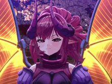 a purple anime character with horns and wings is looking at the camera