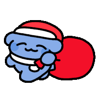 a blue cartoon character wearing a santa hat and carrying a red bag of gifts .