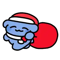 a blue cartoon character wearing a santa hat and carrying a red bag of gifts .