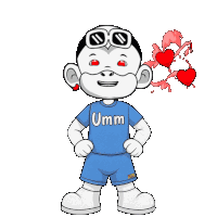 a cartoon character wearing a blue shirt that says umm on it