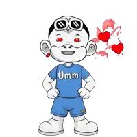 a cartoon character wearing a blue shirt that says umm on it