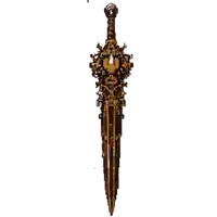 a drawing of a very long sword with a skull on the handle