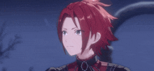 a close up of a person with red hair and a black collar