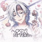 a drawing of a boy with white hair and the words son de teru