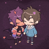 a cartoon of a boy and a demon kissing with a heart on the boy 's head
